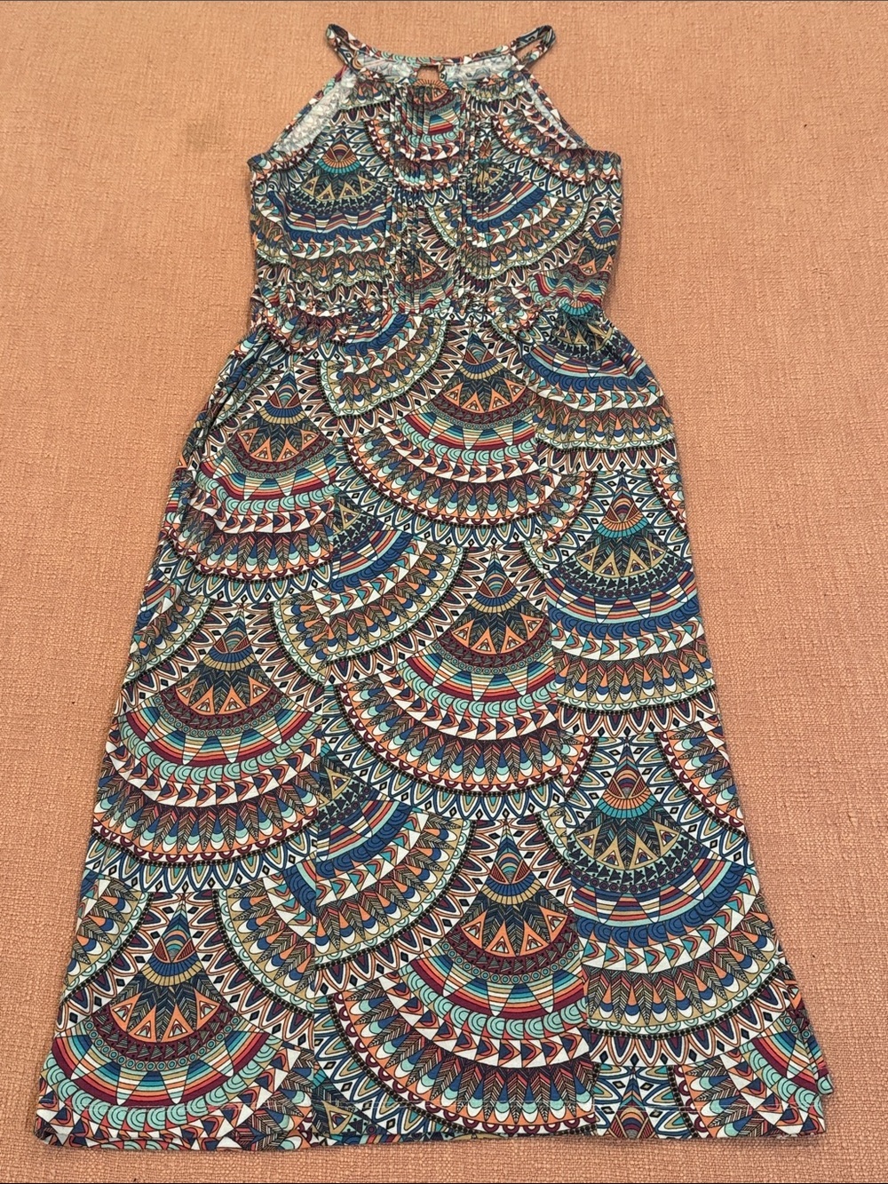 Organic cotton XS Halter Midi Dress in Teal, Navy & Coral